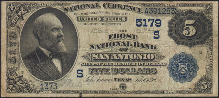 This image features an 1882 $5 Texas National Banknote.