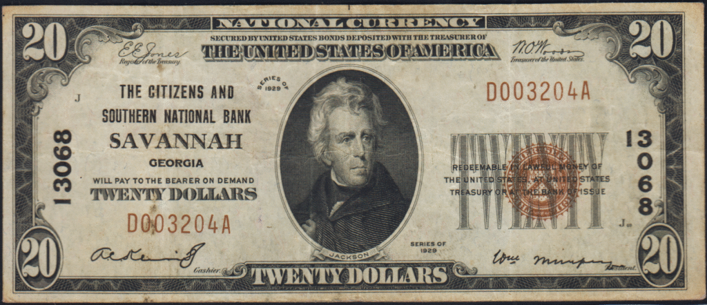 This image features an 1929 $20 Georgia National Banknote.