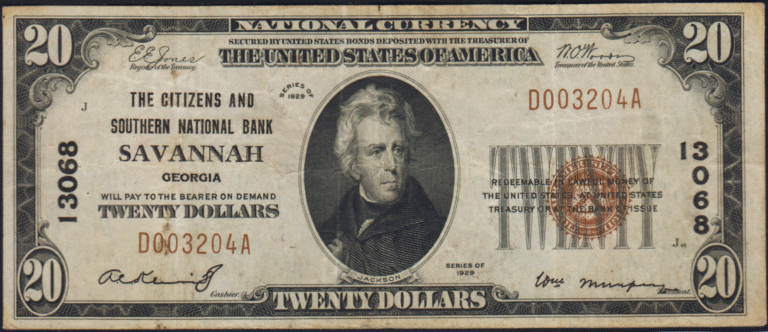 This image features an 1929 $20 Georgia National Banknote.