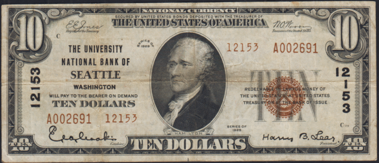 This image features an 1929 $10 Washington National Banknote.
