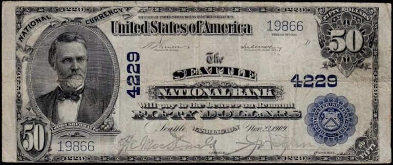 This image features an 1902 $50 Washington National Banknote.