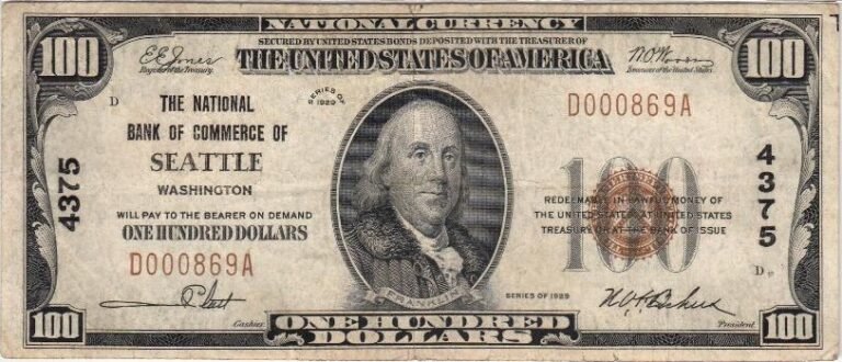 This image features an 1929 $100 Washington National Banknote.