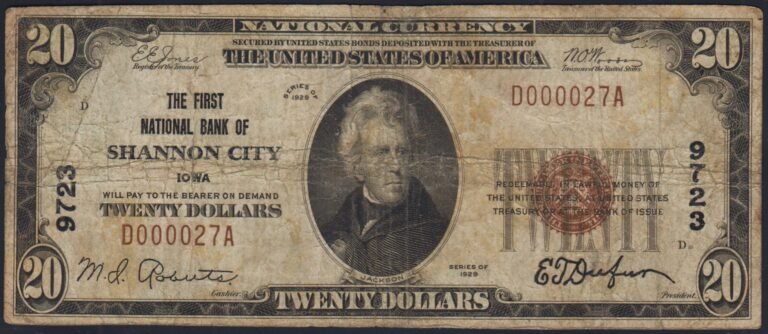 This image features an 1929 $20 Iowa National Banknote.
