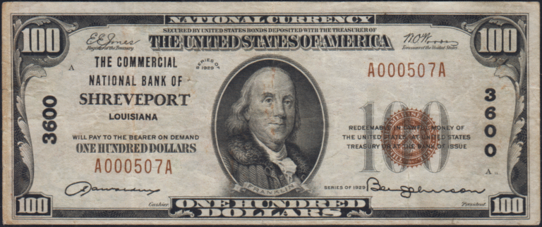 This image features an 1929 $100 Louisiana National Banknote.