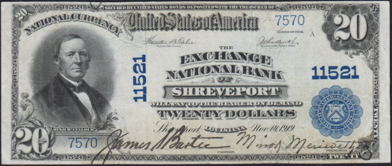This image features an 1902 $20 Louisiana National Banknote.