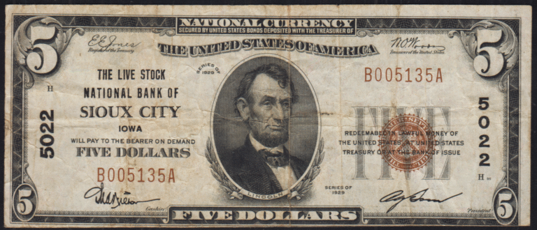This image features an 1929 $5 Iowa National Banknote.