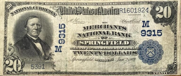 This image features an 1902 $20 Missouri National Banknote.