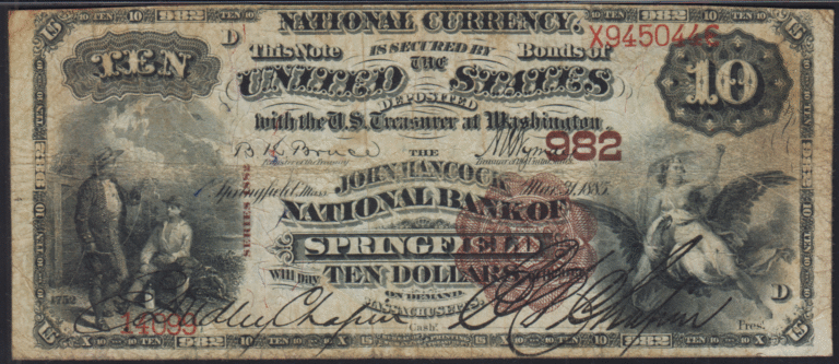 This image features an 1882 $10 Massachusetts National Banknote.
