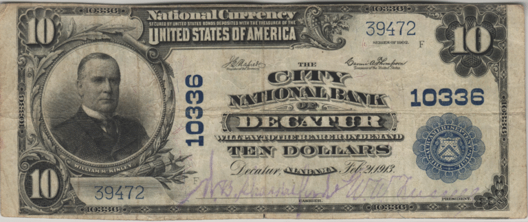 This image features an 1902 $10 Alabama National Banknote.