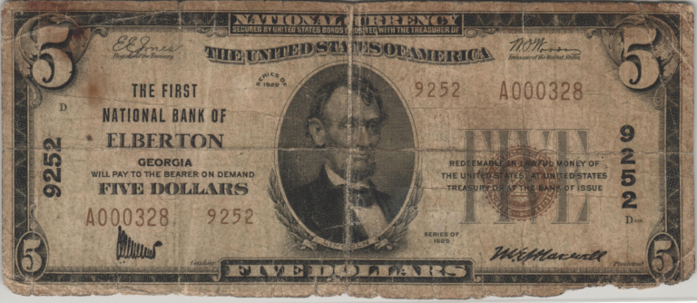 This image features an 1929 $5 Georgia National Banknote.