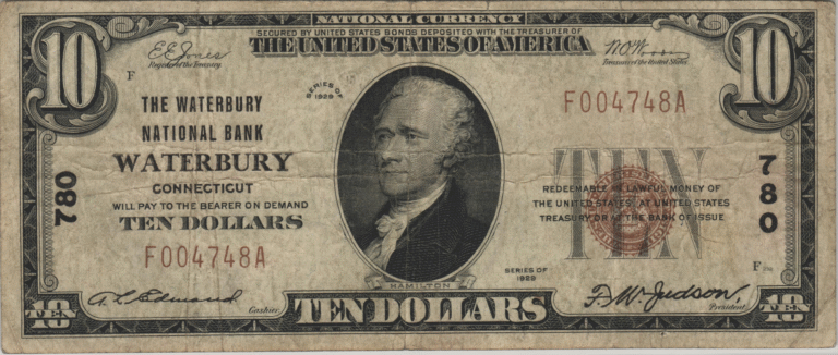 This image features an 1929 $10 Connecticut National Banknote.