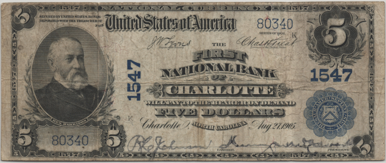 This image features an 1902 $5 North Carolina National Banknote.
