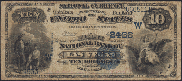 This image features an 1882 $10 New Mexico National Banknote.