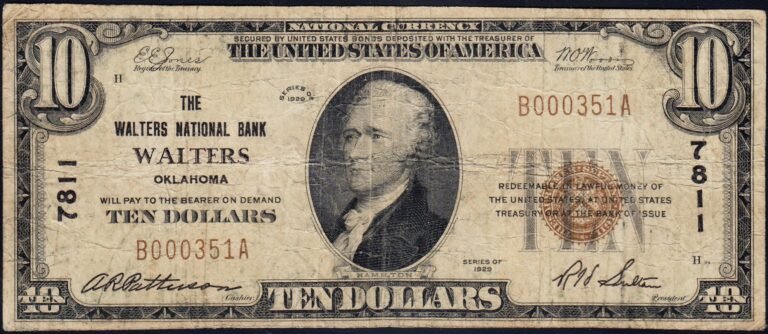 This image features an 1929 $10 Oklahoma National Banknote.