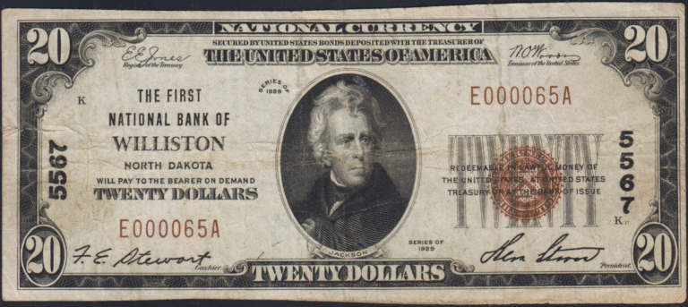 This image features an 1929 $20 North Dakota National Banknote.