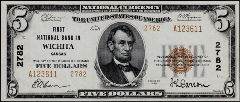 This image features an 1929 $5 Kansas National Banknote.